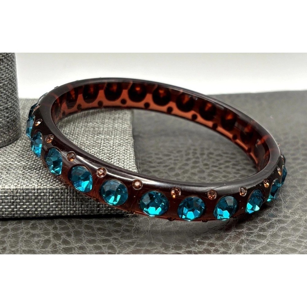 Vintage Teal Blue Crystal Rhinestone Bangle Bracelet Brown Lucite 8"